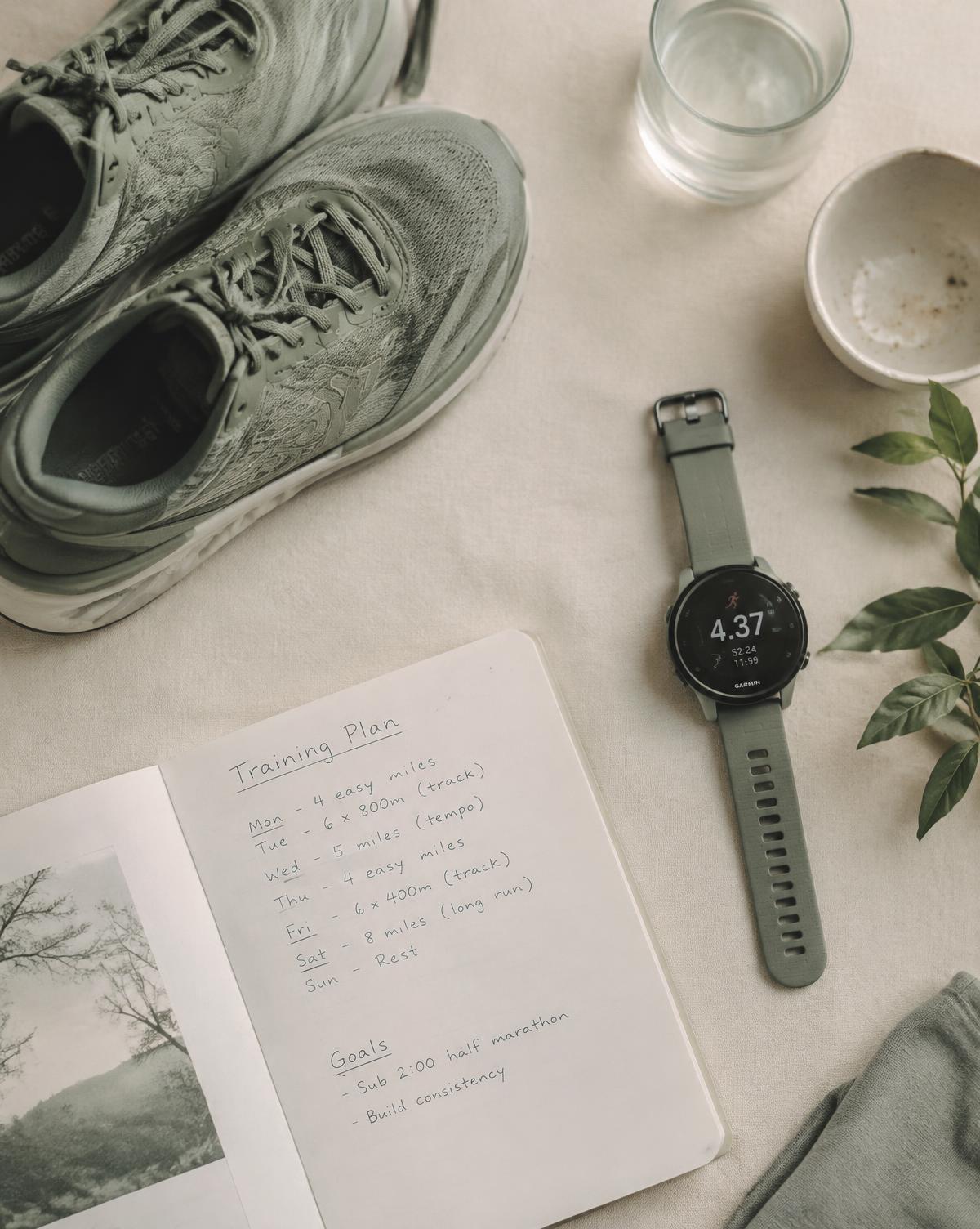 Running shoes, watch, and a training notebook